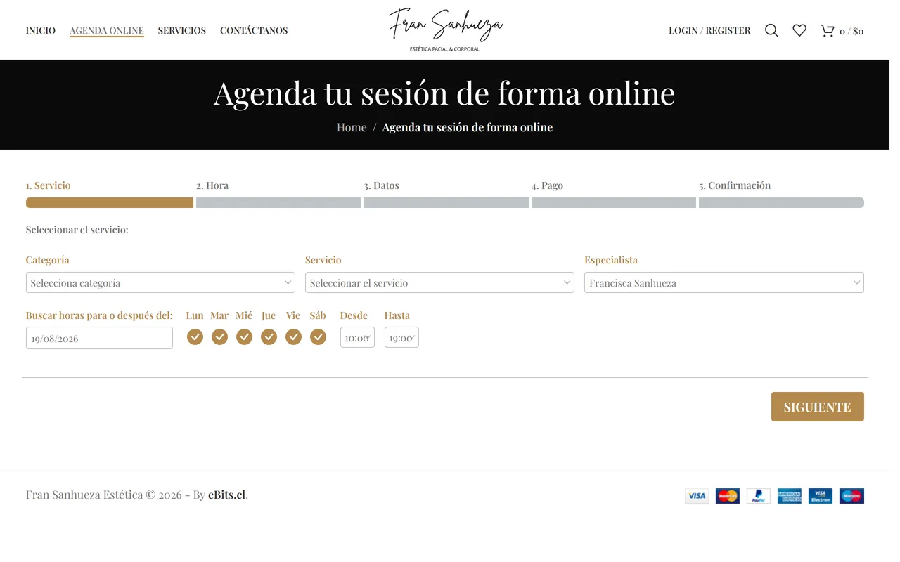 Agenda online de Fran Sanhueza con los pasos servicio, hora, datos, pago y confirmación