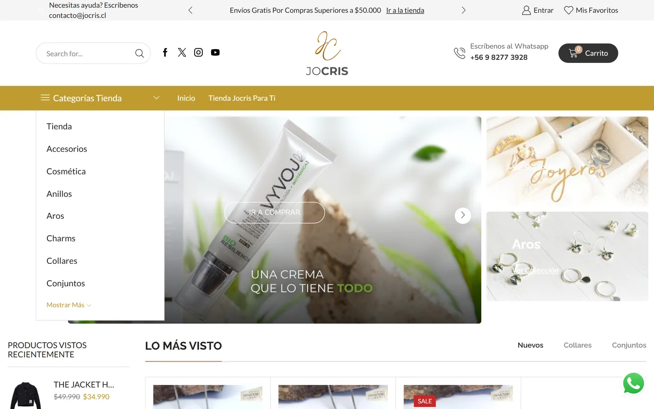 Tienda Jocris con menú de categorías, buscador y carrito