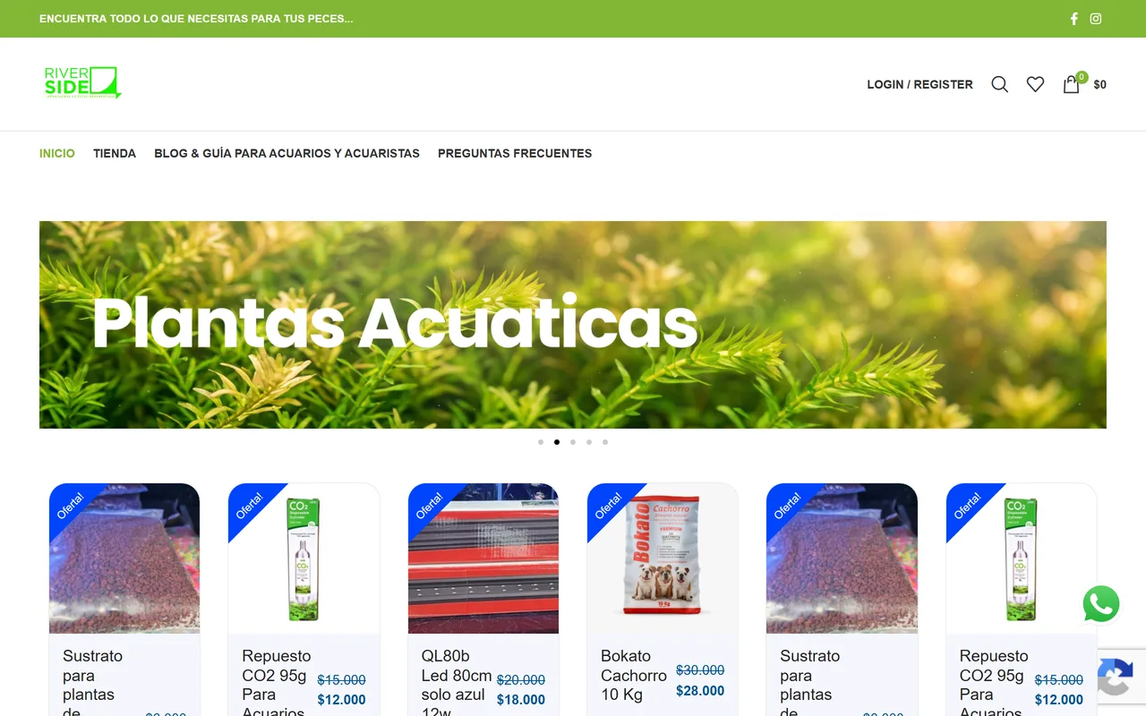 Tienda River Side con banner de plantas acuáticas y productos en oferta