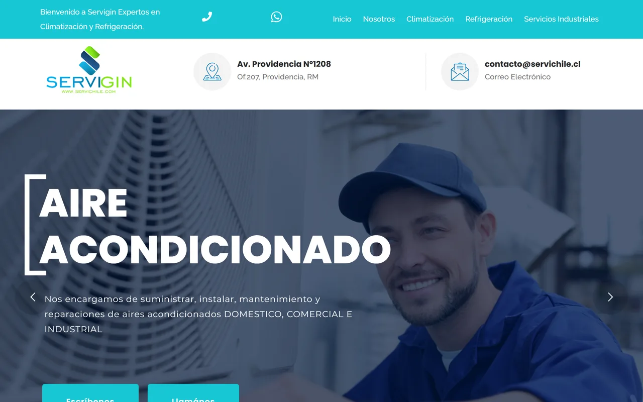 Portada de Servigin con un técnico de aire acondicionado y accesos de contacto
