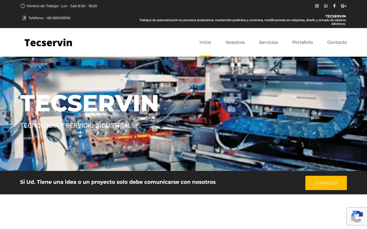 Portada de Tecservin con maquinaria industrial y menú de servicios