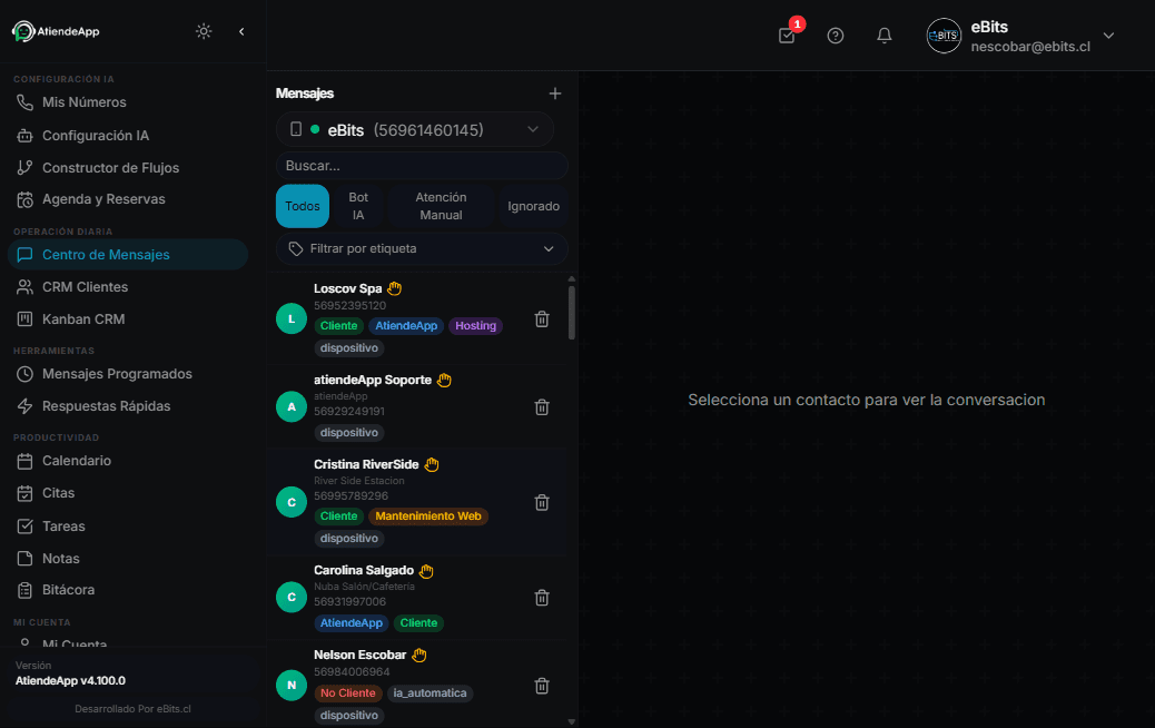 AtiendeApp — pantalla de conversaciones